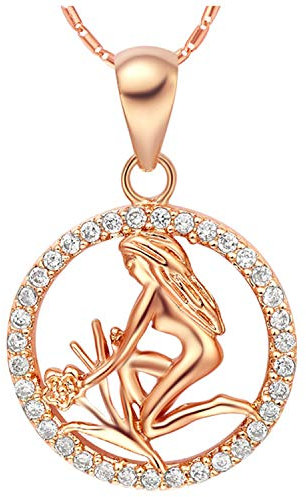 OAKKY Herren Hip Hop Zwölf Sternbilder Tierkreis Runden Diamant Inlay Hundemarke Anhänger Halsketten Edelstahl Roségold Jungfrau mit Kette