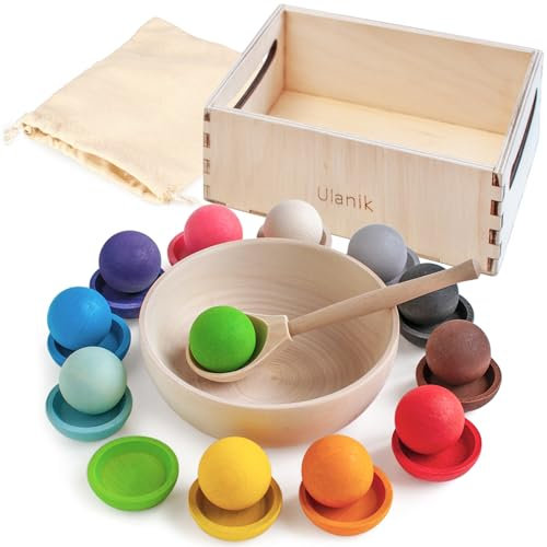 Ulanik Bolas en Platos Juguete Montessori Juego Clasificador de Madera 12 Bolas 30 mm Edad 1+ Clasificación y Conteo de Colores Educación Preescolar