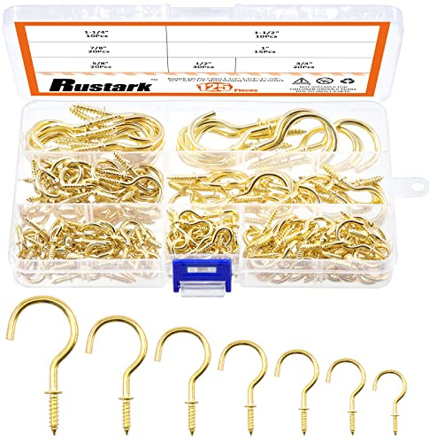 Rustark 125 Stück 7 Größen Deckenhaken Schraubhaken Set Cup Hakenschrauben Kleine Haken zum Schrauben zum Aufhängen im Innen- oder Außenbereich, für Teetassen, Tassen, Pflanzen, Werkzeuge (Gold)