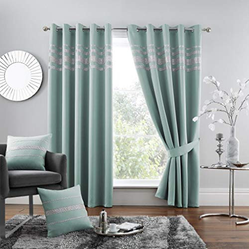 GC GAVENO CAVAILIA Diamante Kendal Blackout Curtains For Bedroom, Eyelet Thermal Insulated Door Curtain, Duck Egg, 66X54 Inch
