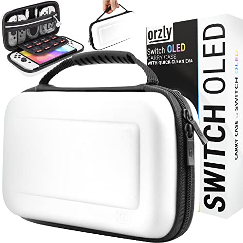 Orzly Housse de Transport pour Console Nintendo Switch OLED Blanche avec Compartiment de Rangement pour Accessoires et Jeux – Étui Facile à Nettoyer avec Coffret Cadeau Édition