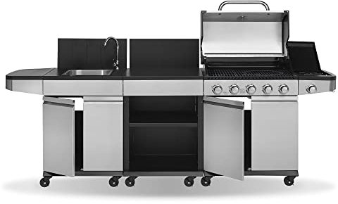 JUSTUS 5-Brenner Gasgrillküche Juno mit Seitenbrenner – Grillwagen aus Edelstahl mit Spüleinheit und Arbeitsfläche, 253 x 57 x 113 cm, Edelstahl Schwarz