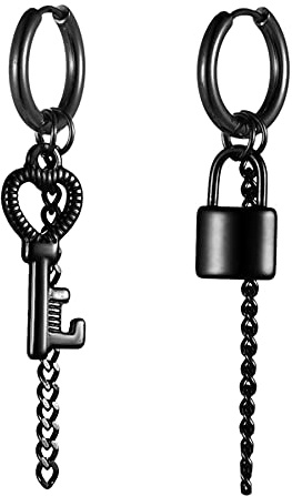 JewelryWe Schmuck Ohrringe Creolen mit Schloss, Schlüssel und Kette Anhänger Edelstahl Hängend Ohrhänger Huggie Ohrstecker Geschenke für Herren Damen Schwarz/Gold/Silber