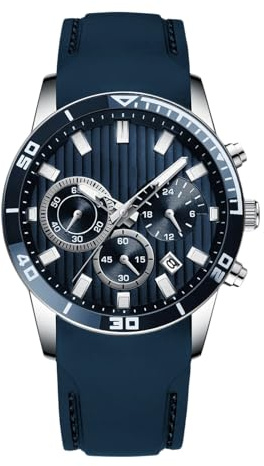 RORIOS Orologio da uomo analogico al quarzo con cinturino in silicone classico cronografo luminoso orologi moda orologio da polso da uomo, blu bianco, L, Cinghia