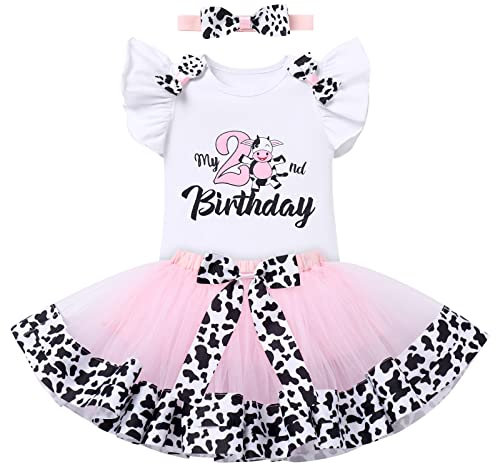 FYMNSI Baby Mädchen Kuh Zweiter 2. Geburtstag Outfit Party Zwei Jahre Alt Bauernhof Tier Themen Party Fotoshooting Baumwolle Kurzarm Strampler Prinzessin Tutu Rock Stirnband 3er Bekleidungsset Rosa