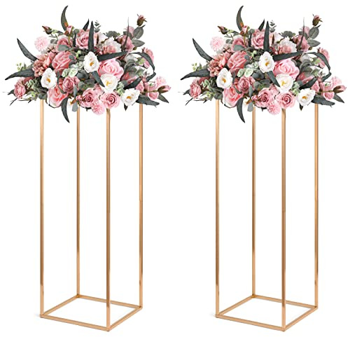 Gold Wedding Flower Stands, Set of 2 Metal Vases Column Geometric Wedding Table Display Centerpieces 31½ inches Tall Floral Decoration Holders for Wedding Party Decor