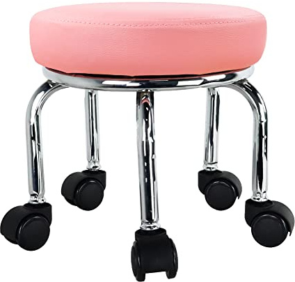 WKWKER Pequeño taburete rodante PU Cuero 360 ° Giratorio Taburetes redondos bajos con ruedas giratorias universales para masaje en el hogar Jardín Oficina Garaje Tienda Fitness Sport, H: 31.5cm (Rosa)