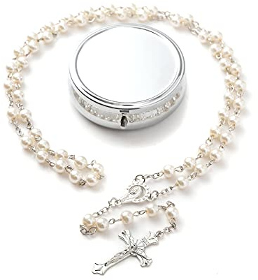 YQZIYOU Rosary Beads Catholic - Confirmation Gifts for Teenage Girl, Silver Simple Style Metal Gift Box, White Artificial Pearls Rosary, Gifts for Women