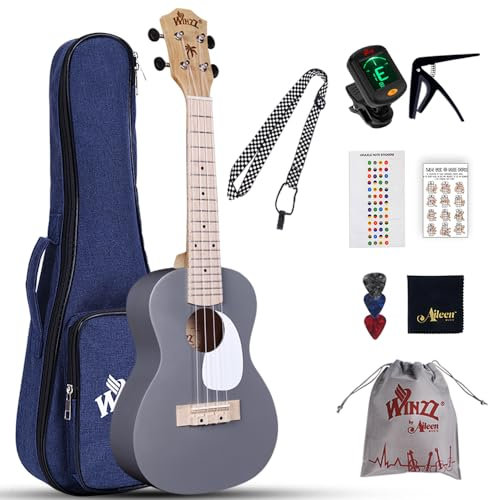 Winzz Ukulele Erwachsene Anfänger Set, Konzert Ukulele 23 Zoll, Ukulele Kinder Einsteiger Kit mit 9 Zubehör (Farbe: Grau, Holz)
