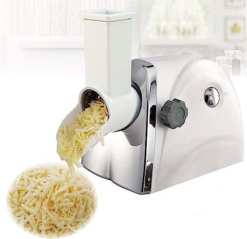 PACUM Rallador de Queso Giratorio eléctrico multifunción, Cortador de Verduras, Cortador de Patatas, rallador de Zanahorias, con 3 Cuchillas de Tambor de Acero Inoxidable, para Cocina o Comercial