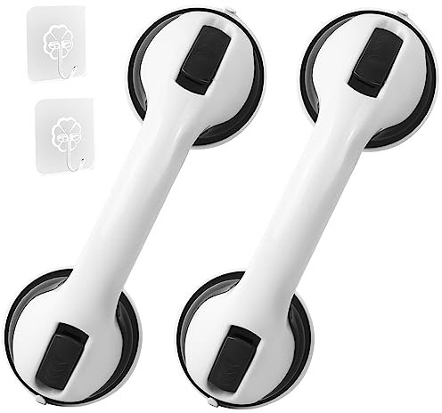 12 Inch Shower Grab Rail with Suction Cup, Happybase 2 Pieces Grab Bars Shower No Drilling Grab Rail Bath Bathroom Walking Aid for Seniors (Black)