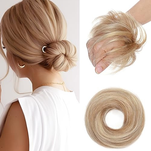 Elailite Updo Hair Buns Scrunchies Extensions HairPieces Donut Chignons For Women - 100% Real Remy Human Hair Straight - Mix #12/613 Golden Brown & Bleach Blonde