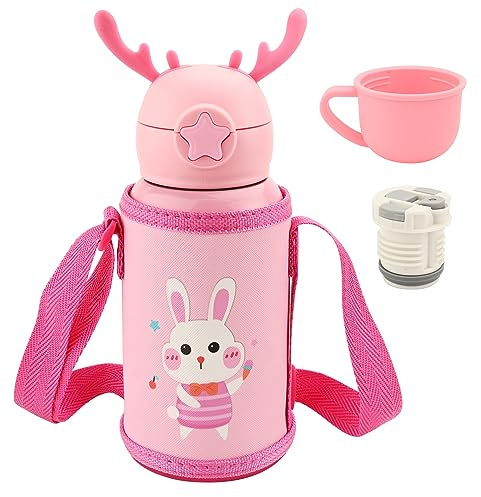 500ml/17oz Kids 316 Stainless Steel Insulated Water Bottle with Straw, Double Wall Metal Vacuum Leakproof Reusable Small Flask with Cute Antlers and 2 Different Lids Hot Cold Drinks for Boys Girl