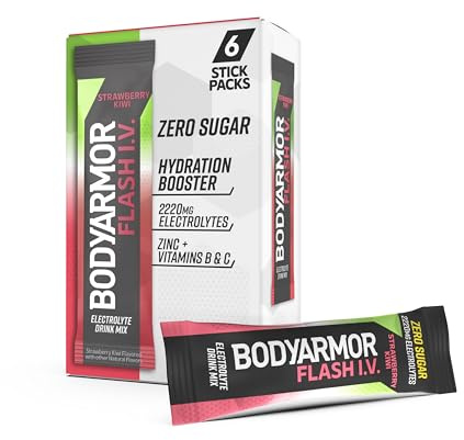 BODYARMOR Flash IV Electrolyte Packets, Strawberry Kiwi - Zero Sugar Drink Mix, Single Serve Packs, Coconut Water Powder (6 Count)