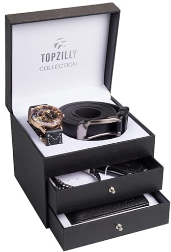TOPZILLY Coffret Premium pour Homme : Montre, Bracelet, Porte-Clés, Portefeuille en Cuir et Ceinture - Cadeau d'Anniversaire ou de Noël pour Lui