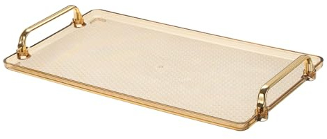 PATIKIL Plastique Service Plateau 16,1 x 8,7 Plateau Bijoux Ambre | avec Doré Poignée Réutilisable, Moderne Rectangulaire Décoratif, pour Comptoir Salle Bain Cuisine