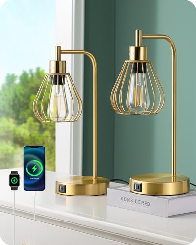 EDISHINE Lámpara de Sobremesa Touch Regulable Industrial Set de 2, lámpara de mesilla de noche con 2 puertos USB, E27 lámpara de escritorio vintage industrial para salón, oficina, dorado