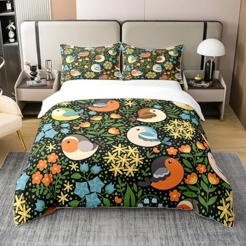 richhome Süßer Vogel 100% Bio-Baumwolle Tröster Abdeckung Aquarell Blume Blätter Bettbezug Set 200x200 für Schlafzimmer Cartoon Tiere Bettwäsche Set mit 2 Kissenbezügen