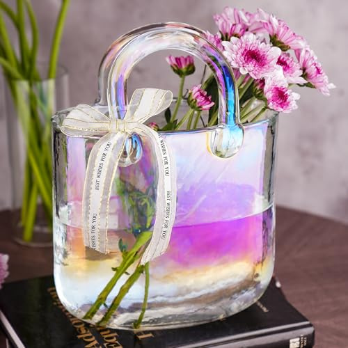 NiHome Schillernde Glas-Handtaschenvase für Blumen, Weithalsvase als Tischdeko, robuste Blumenvase mit verdicktem Griff und Seidenschleifenband, vielseitig für Wohnkultur, Hochzeiten, Geburtstage