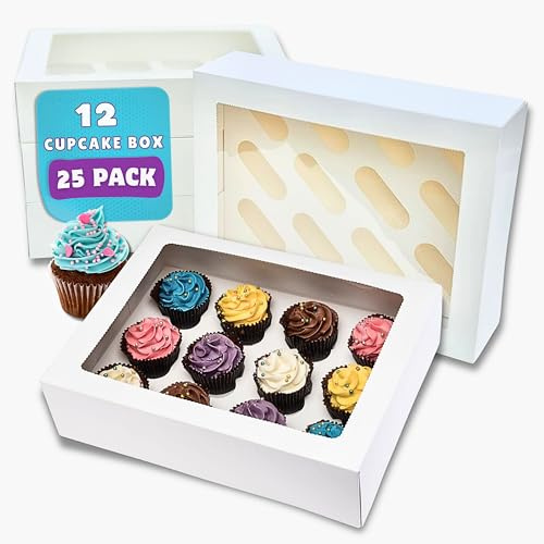 PACK N TRADE 25 Pcs cupcake boxes 12 hole - Multifunction Inserts Deep cake boxes for cupcakes – White cup cake boxes (33 x 24.2 x 7.5 cm) with Clear Window - Ideal for Muffins, Cupcakes & Pastries