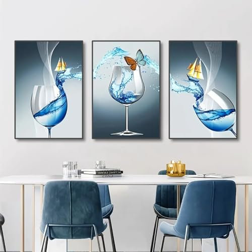 NXMYDBD Abstrakte Weinglas-Wandkunst, Leinwanddrucke, Design, Esszimmer, Poster, Gemälde für Wohnzimmer, Wandkunst, Dekor, Zuhause, 50 x 70 cm (20 x 28 Zoll) x3, ungerahmt