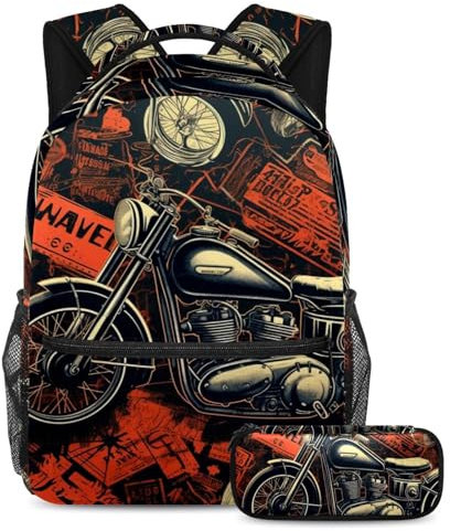 Motorrad-Rucksack mit Federmäppchen, Vintage-Stil, Rot, 2-teiliges Schultaschen-Set für Jungen, Mädchen, Teenager, Reisetasche, Büchertasche für Studenten, Rotes Vintage-Motorrad, Größe L