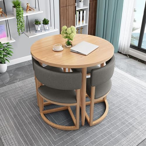 Moderner runder Bürotisch und Stuhl-Set, klein, platzsparend, Konferenztisch, 80 cm, Baumwoll-Leinen-Esstisch mit Stühlen, dunkelgrau