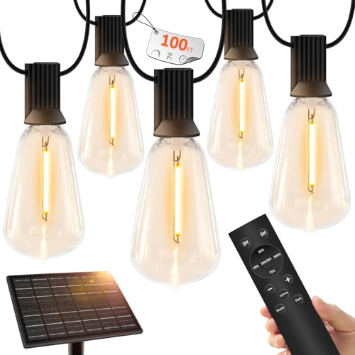 100 FT Solar String Lights Outdoor Waterproof with Remote & USB Port, Solar Power Patio Hanging Lights with Dimmer, Shatterproof LED Edison Bulb Outdoor String Lights for Outside Cafe Yard Fence