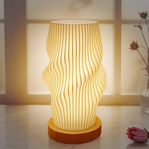 YATOSEEN Nachttischlampe mit Holzsockel, 3-Farbige Schlafzimmer-Tischlampe mit Knopfsteuerung,10-stufig Dimmbare Nachtlicht mit 3D-Gedrucktem PLA-Lampenschirm, Geeignet für Wohnzimmer und Schlafzimmer