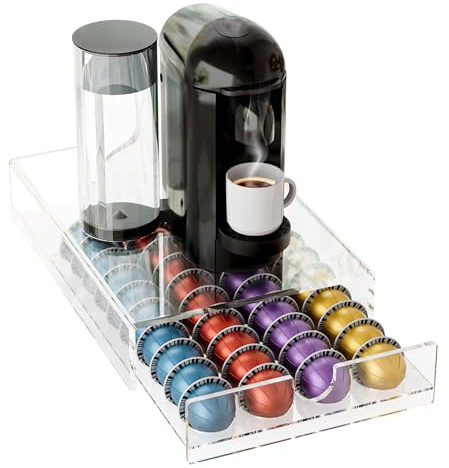 BXINREDA Acrylic Coffee Pod Organizer for Nespresso Vertuo Pod Holder 40 Pods Clear Vertuo Pod Storage Drawer (1 Tier) (Clear)