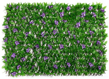 2PCS Expanding Garden Trellis Panels 200x40cm, Privacy Screen Gard-en, Fence Screening with Artificial Ivy and Violet Flower, Expanded Artificial Hedges for Ga-rden, Backyard, Balcony