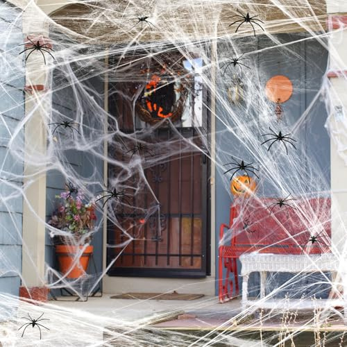 Ayucanpeng Halloween Ragnatela Decorazioni, 300g Ragnatela Elastica,50 Ragni di Nera, Ragnatele Decorative,Ragnatele per casa infestata, per Spaventose Decorazioni per Feste di Halloween