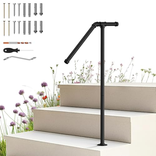 Outdoor Handrail for Steps 1-2 Steps, Adjustable Height Hand Rail for Elderly & Disabled, Sturdy Rust-Proof Metal Black Grab Rail for Outdoor & Indoor Stairs, Easy Installation