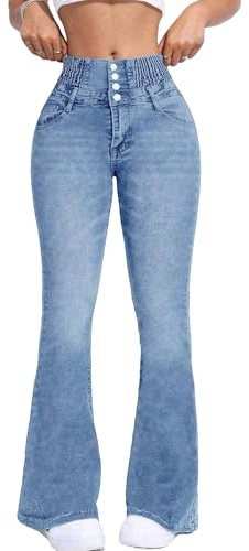 KKSONG Women's High Waisted Flare Jeans Wide Leg Bell Bottoms Stretchy Denim Pants - Button Fly Tummy Control Light Blue L.