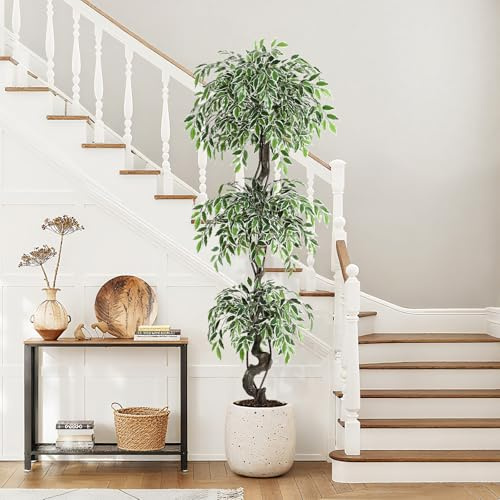 Litake Kunstpflanzen Künstlicher Ficus Baum 180 cm Große Grüne Birkenfeige im Weiß Topf Große Pflanzen im Topf für Indoor Haus Büro Garten Moderne Dekoration Housewarming Geschenk