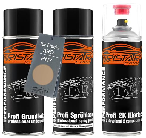 TRISTARcolor Autolack Spraydosen für Dacia HNY Safari Beige Metallic +2K | für Dacia / ARO, Set aus Grundlack + Basislack + 2K Klarlack, Sprühdosen 400ml