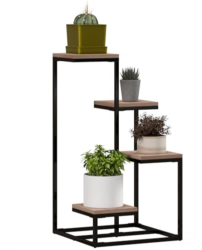 Outsunny Étagère à plantes, étagère à fleurs en bois et métal, 4 niveaux de différentes hauteurs, style industriel, 40 x 40 x 75,5 cm, noir et marron