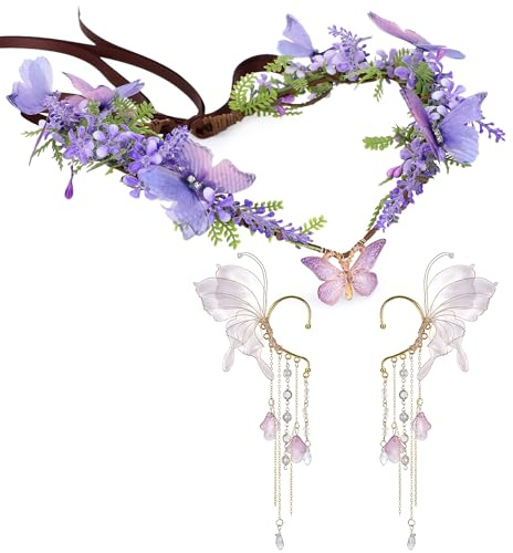 MOSTORY Elfenkrone Elfenohren Damen Set, Kopfschmuck Waldfee Kostüm mit Schmetterlinge und Blumen für Cosplay Karneval