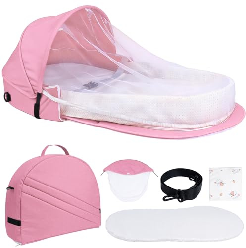 Huracan Nido pieghevole per bambini con zanzariera e tracolla, paracolpi per bambini, leggero, portatile, in schiuma morbida e coperta in cotone, comfort e sicurezza per neonati, rosa