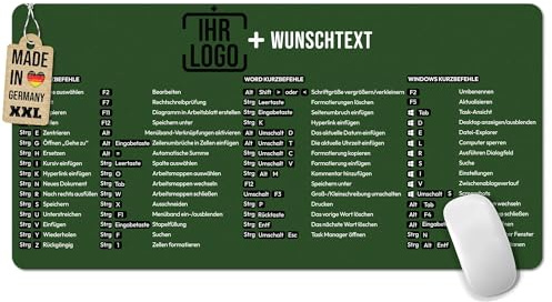 Tassendruck XXL Mousepad mit Logo & Text selbst gestalten - Excel Word Windows Shortcuts, Schreibtischunterlage mit Tastenkürzeln, Geschenk für Kollegen, Büro - Mauspad Grün, 800 x 400 mm