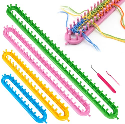 4 Stück Strickrahmen Lang Set,Strickhilfe mit Häkelnadel und Nadel,Strickmaschine,Knitting Loom,Strickbrett aus Kunststoff,4 Größen,für DIY Handwerk,Strickliebhaber,Schals,Pullover und Decken(4,bunt)