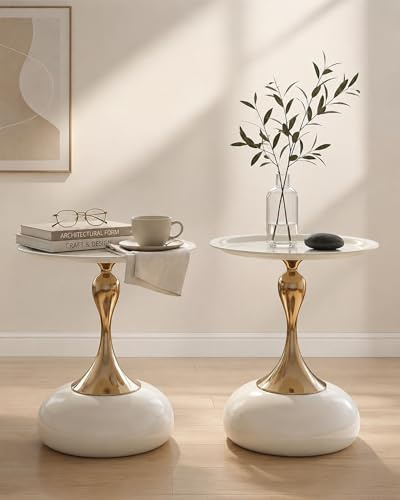Xinyvee Beistelltisch Rund Weiß Gold, Metall Beistelltisch Outdoor & Indoor Side Table 2er Set Bedside Table für Sofa & Bett, Wasserdichter Balkontisch ohne Werkzeug Montage, Ø40x H 53cm