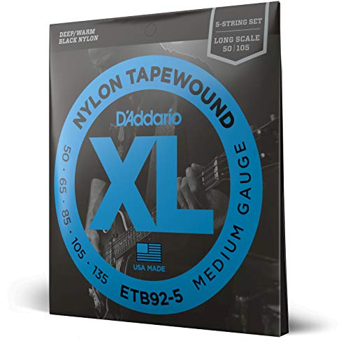 D'Addario basgitarrsträngar, tapewound svart nylon, ETB92-5, lång skala, medium mätare 50-135, 5-strängs set, 1-pack