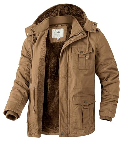 WenVen Homme Veste Décontractée à Capuche Hiver Chaud Manteau d'Extérieur Classique Veste Militaire Cargo Style Manteau Doublure Polaire Kaki S