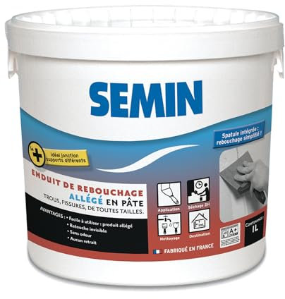 Semin Enduit de Rebouchage Allégé Sem-Light - Trous et Fissures Importants - Intérieur - Pot de 1 L - Blanc - Spatule intégrée