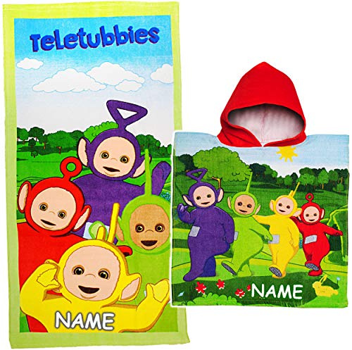 alles-meine.de GmbH 2 TLG. Set Badetuch/Strandtuch + Poncho - Teletubbies - inkl. Name - 100% Baumwolle 70 cm * 140 cm - Badeponcho/Kapuzenhandtuch - Frottee/Velours - H..