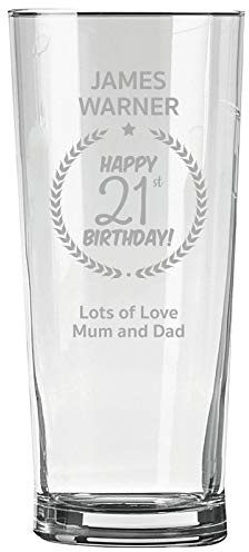 Personalised Engraved Pint Glass - 21st Birthday Gift, Name, Border and 21 Message Design