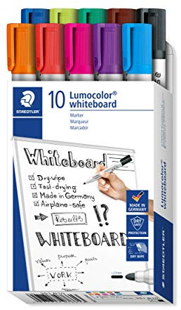STAEDTLER whiteboard Marker Lumocolor, Linienbreite ca. 2,00 mm, schnelltrocknend, geruchsarm, lange Lebensdauer, blockierte Spitze, 10 whiteboard Marker in Faltschachtel, 351 B10