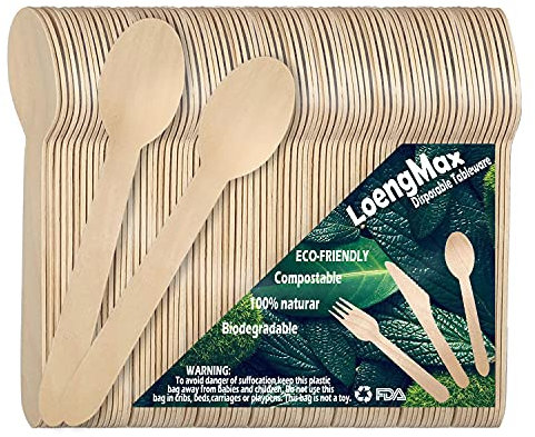 LoengMax Lot de 100 cuillères jetables en bois 100 % compostables - respectueuses de l’environnement, biodégradables - 15 cm de long