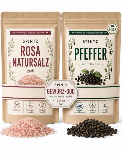 SPINTZ Bio Pfeffer schwarz ganz 250g + Rosa Natursalz grob 500g, Salz Pfeffer Set für Mühle, Pfefferkörner & grobes Salz im Aromabeutel